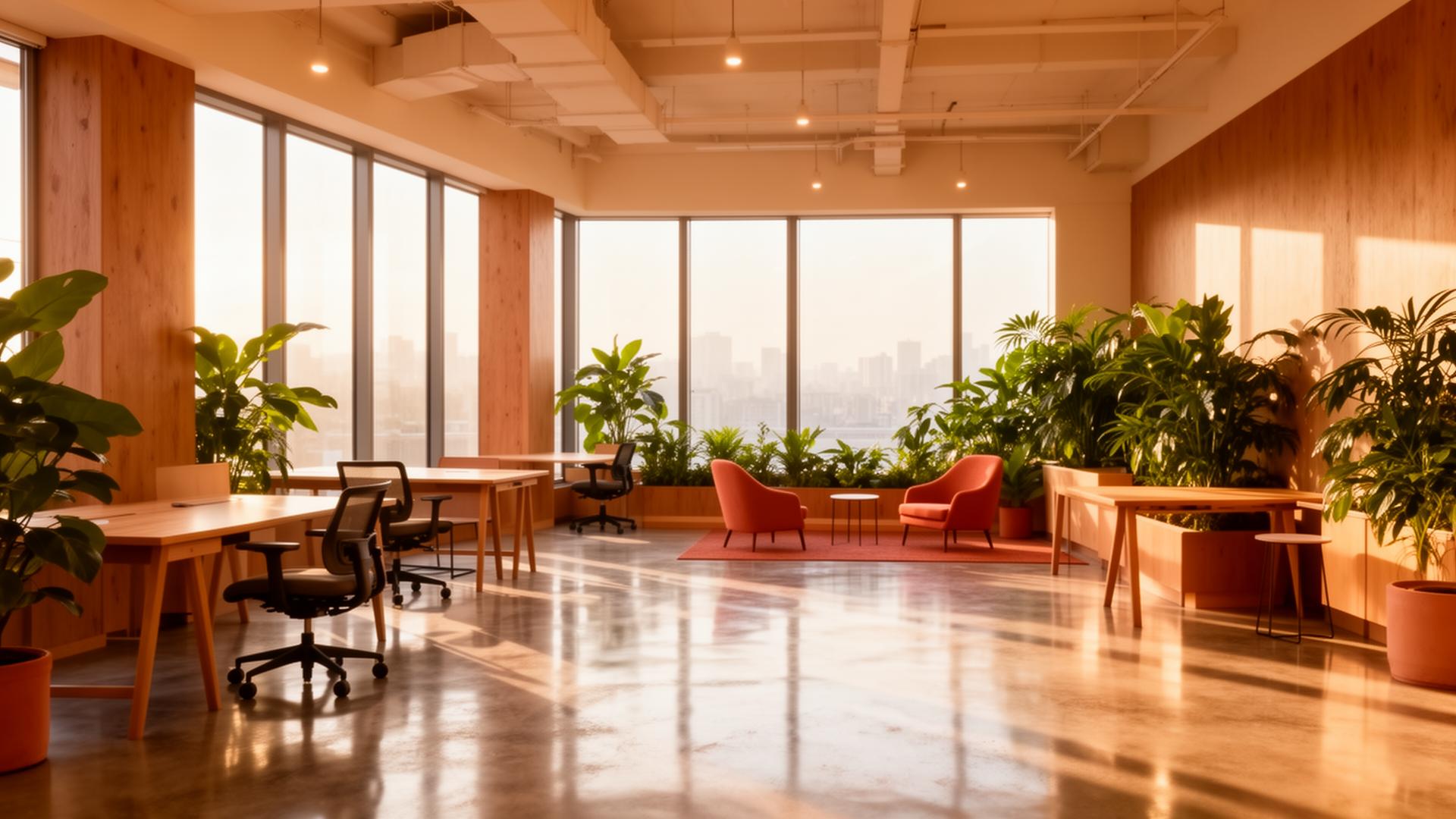 Sunlit open coworking floor with wooden desks, plants, and floor-to-ceiling windows